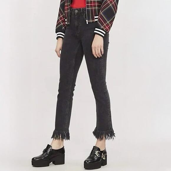Maje Panako Frayed Hem High Rise Slim Leg Jeans in Black Size FR 36 - Picture 1 of 6